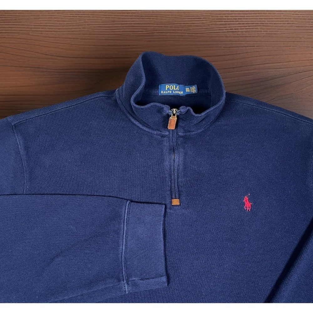 Polo Ralph‎ Lauren Pullover Sweater Mens 2XL Navy 1/4 Zip Leather Pull Pony Logo